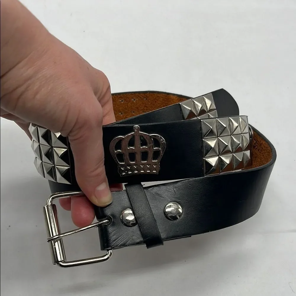 Vintage Y2K Black Leather Belt with Crowns and Studs